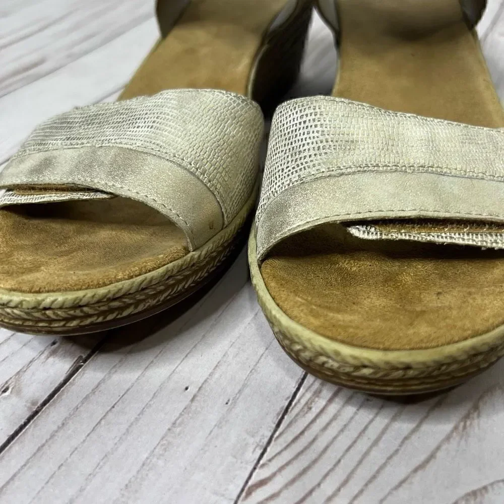 Rieker Women's Fanni Light Gold Metallic Sling Back Mid Height Wedge Sandals Siz